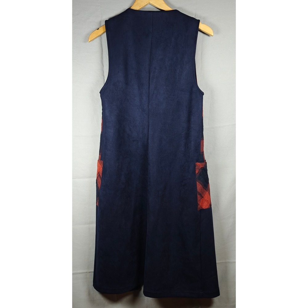 BCBGeneration Navy Faux Suede Plaid Longline Duster Vest Navy Red Small - Picture 2 of 9